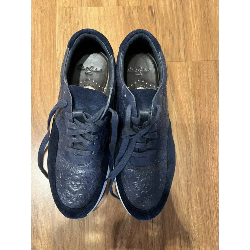 Robert Graham Mens‎ Navy Embossed Skull Leather Suede Sneakers Size 8